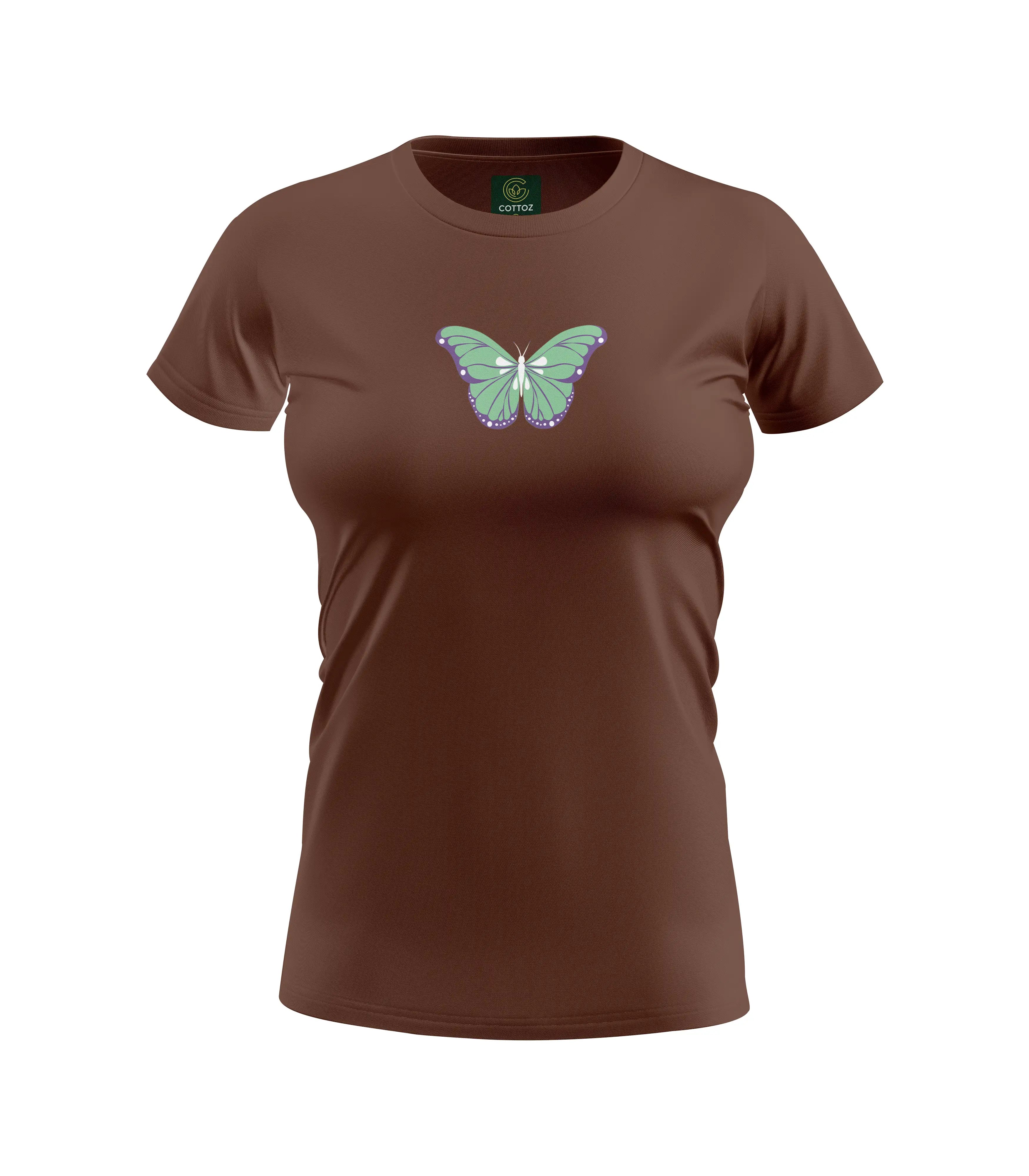 Brown t-shirt with a green butterfly design on a white background