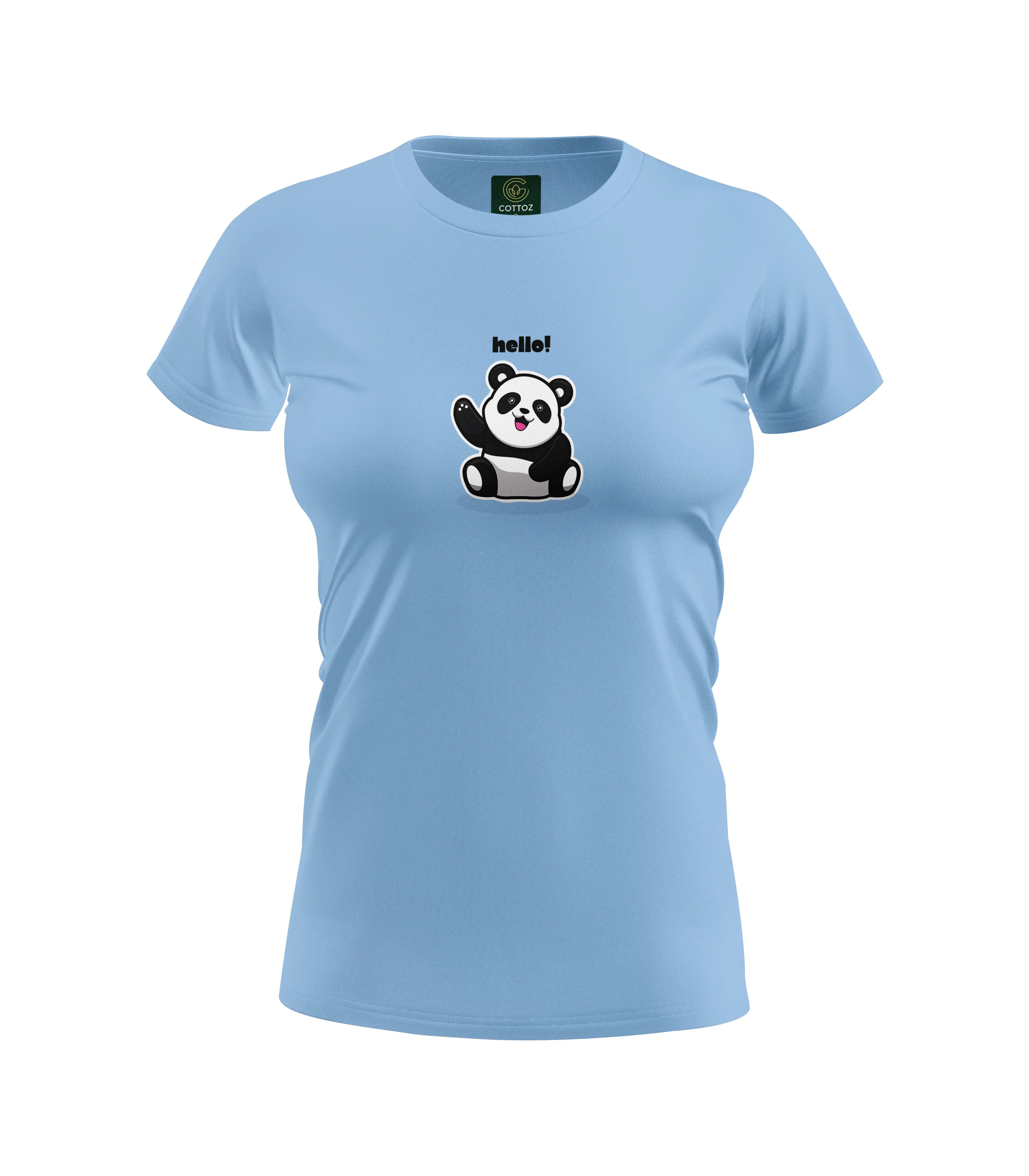 Light blue t-shirt with a panda graphic and 'hello!' text on a white background