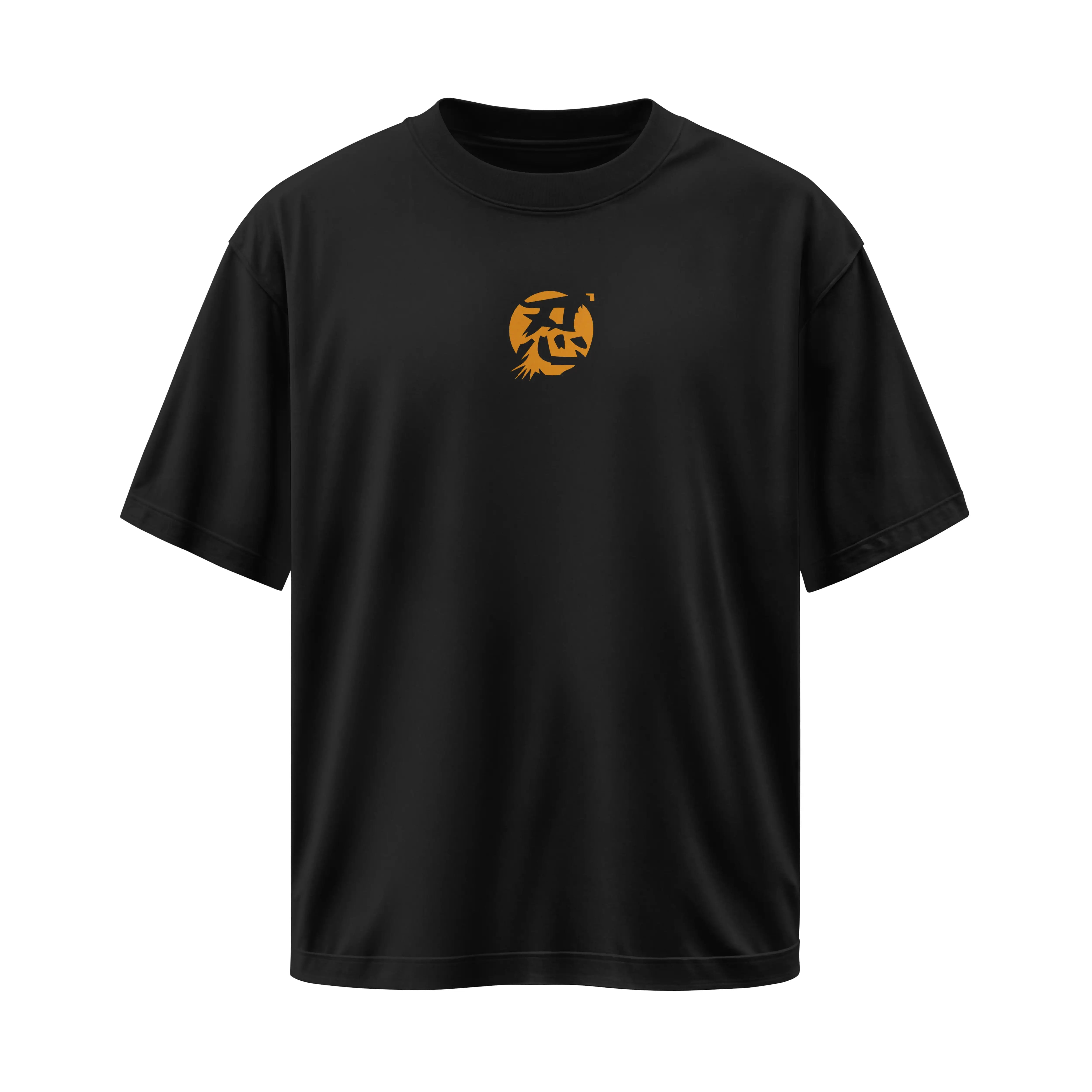 Black t-shirt with a yellow logo on a white background