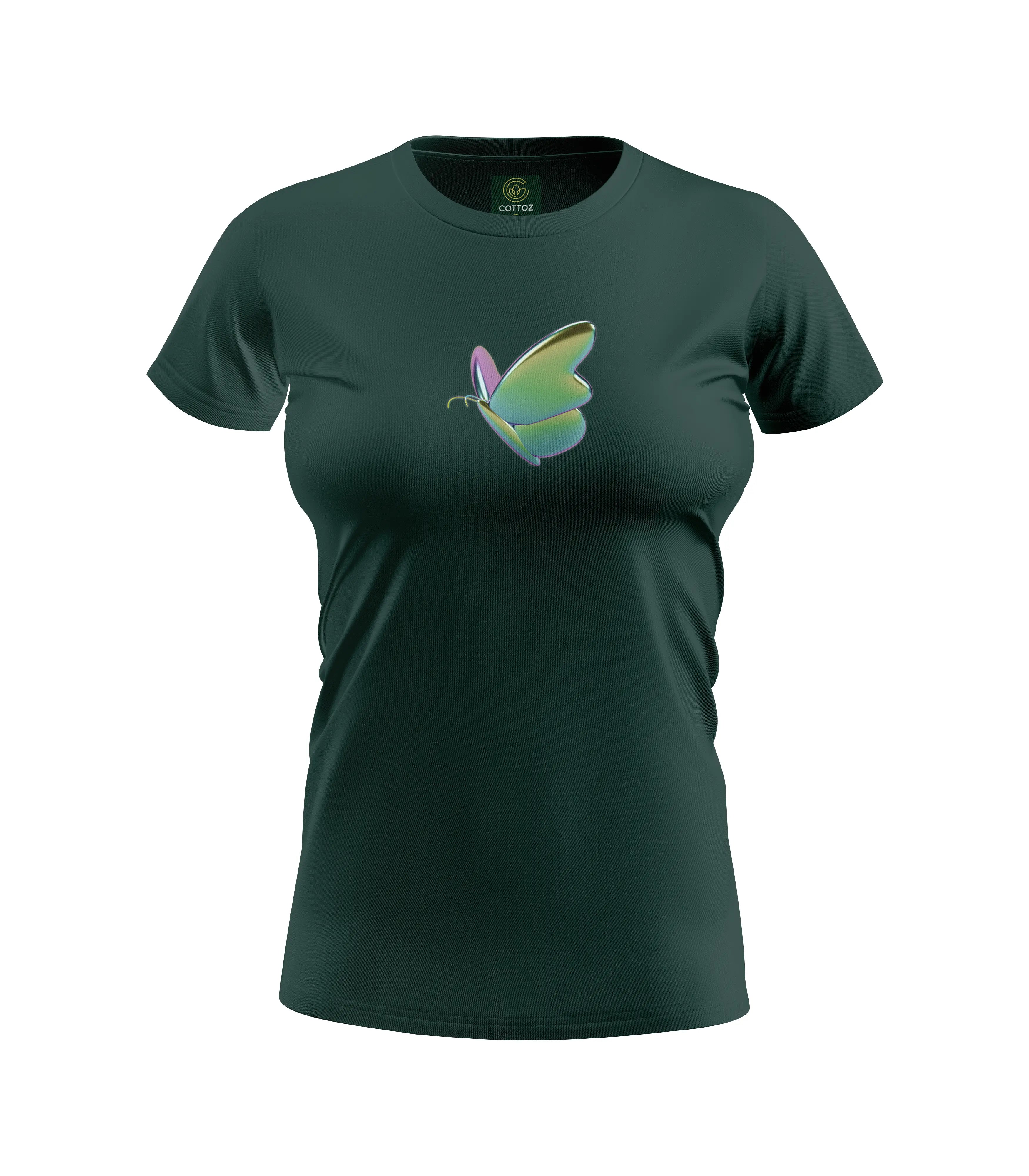 Dark green t-shirt with a colorful butterfly design on a white background