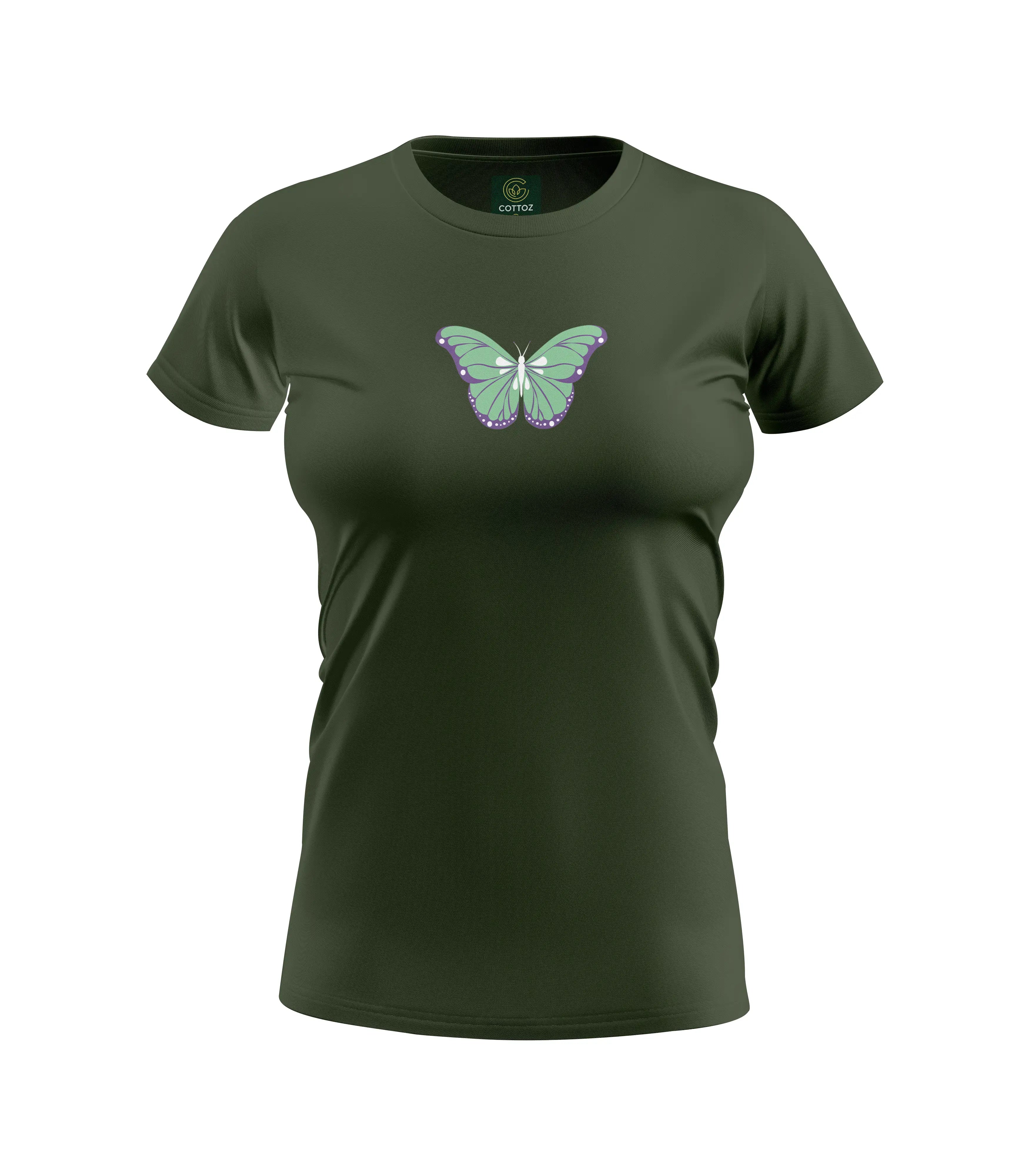 Green t-shirt with a butterfly design on a white background