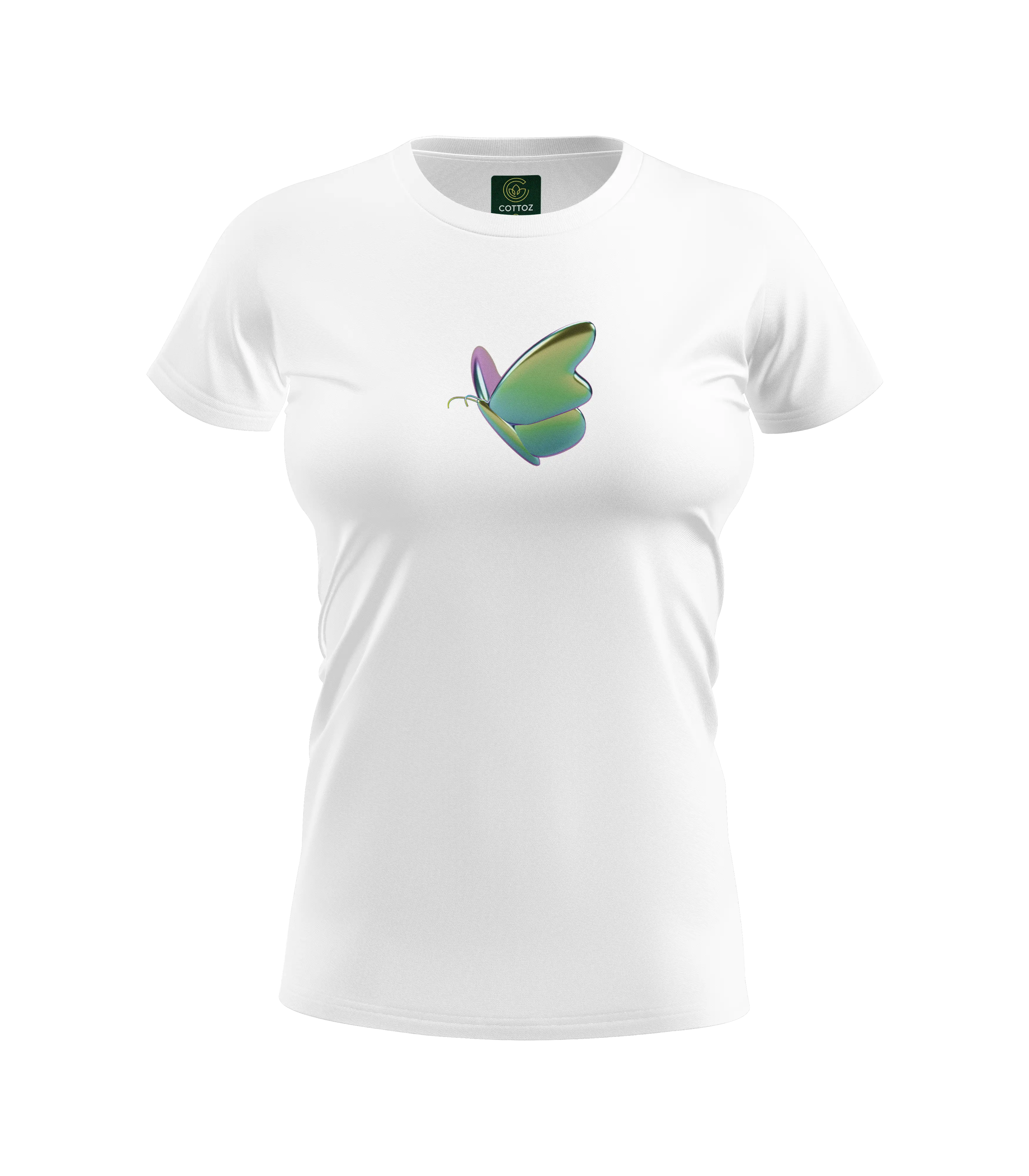 White t-shirt with a colorful butterfly design on a white background