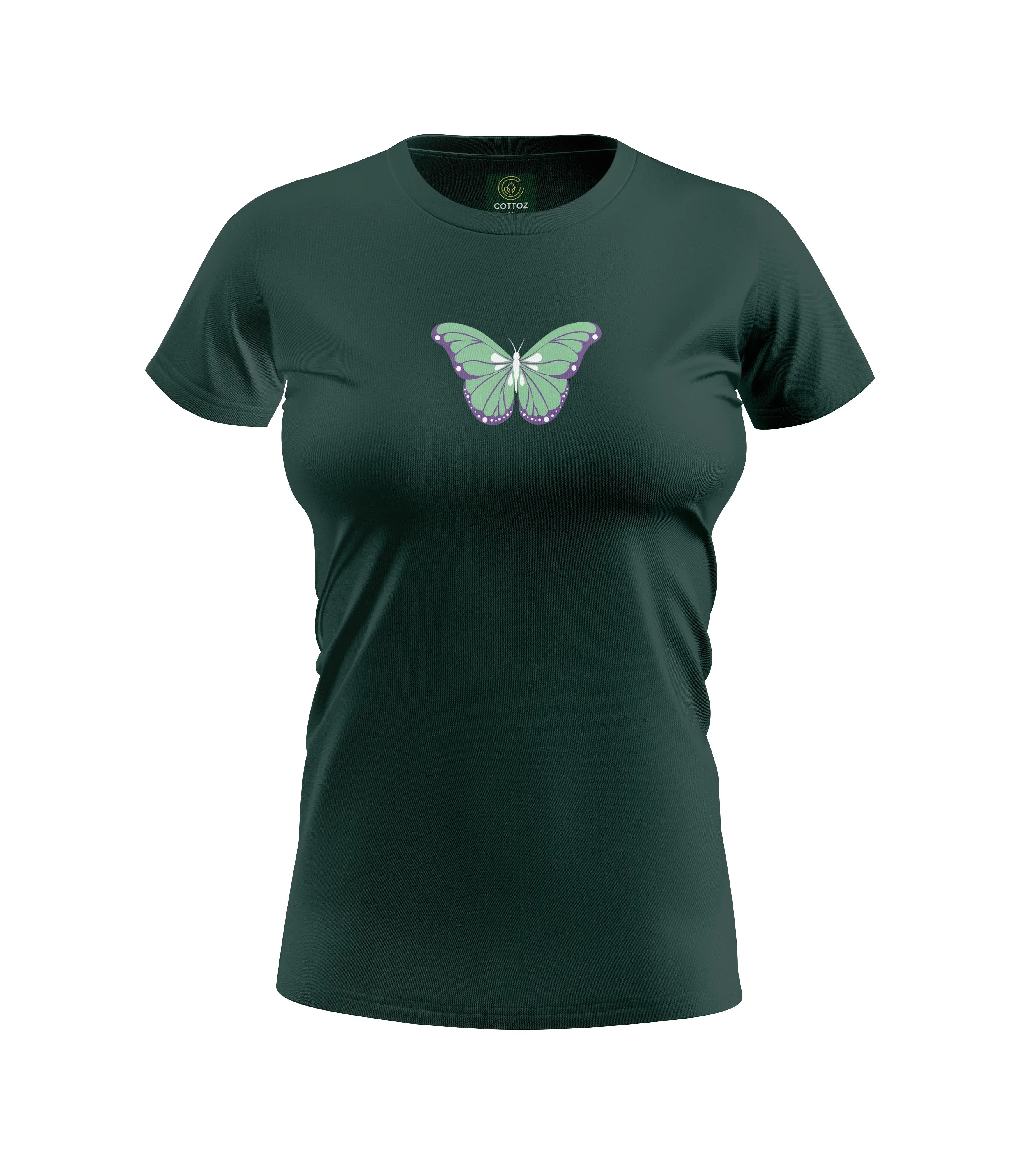 Green t-shirt with a butterfly design on a white background