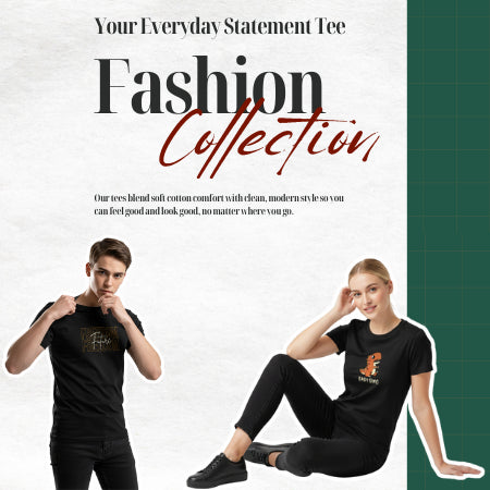 Two people wearing black t-shirts with a brand logo, set against a white background with promotional text.