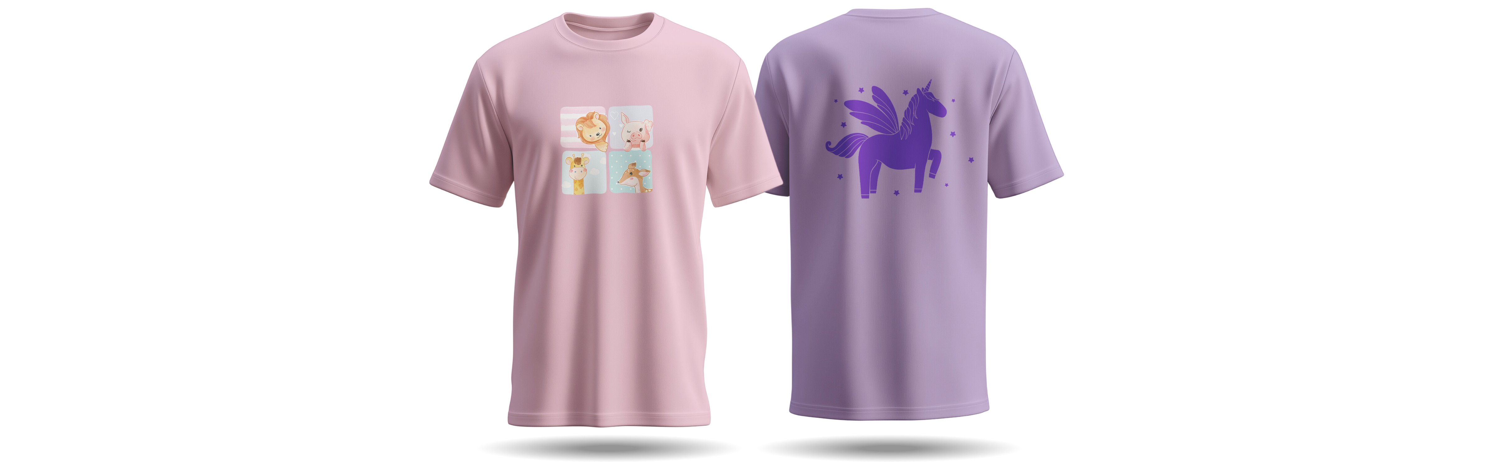 Two t-shirts, one pink with a front graphic and one purple with a back graphic, on a white background.