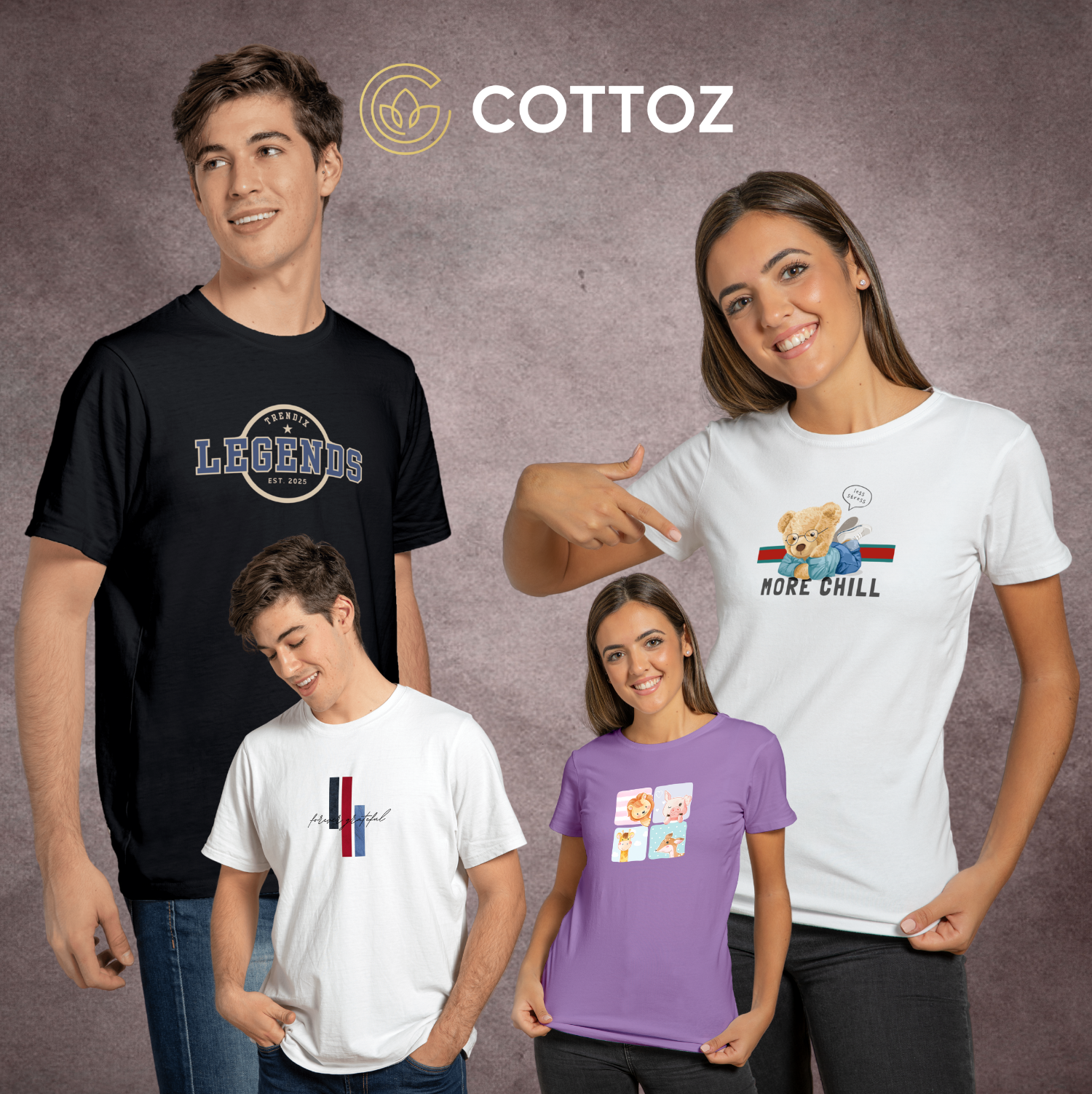 Four people wearing t-shirts with different designs and text, featuring the brand 'Cottoz'.