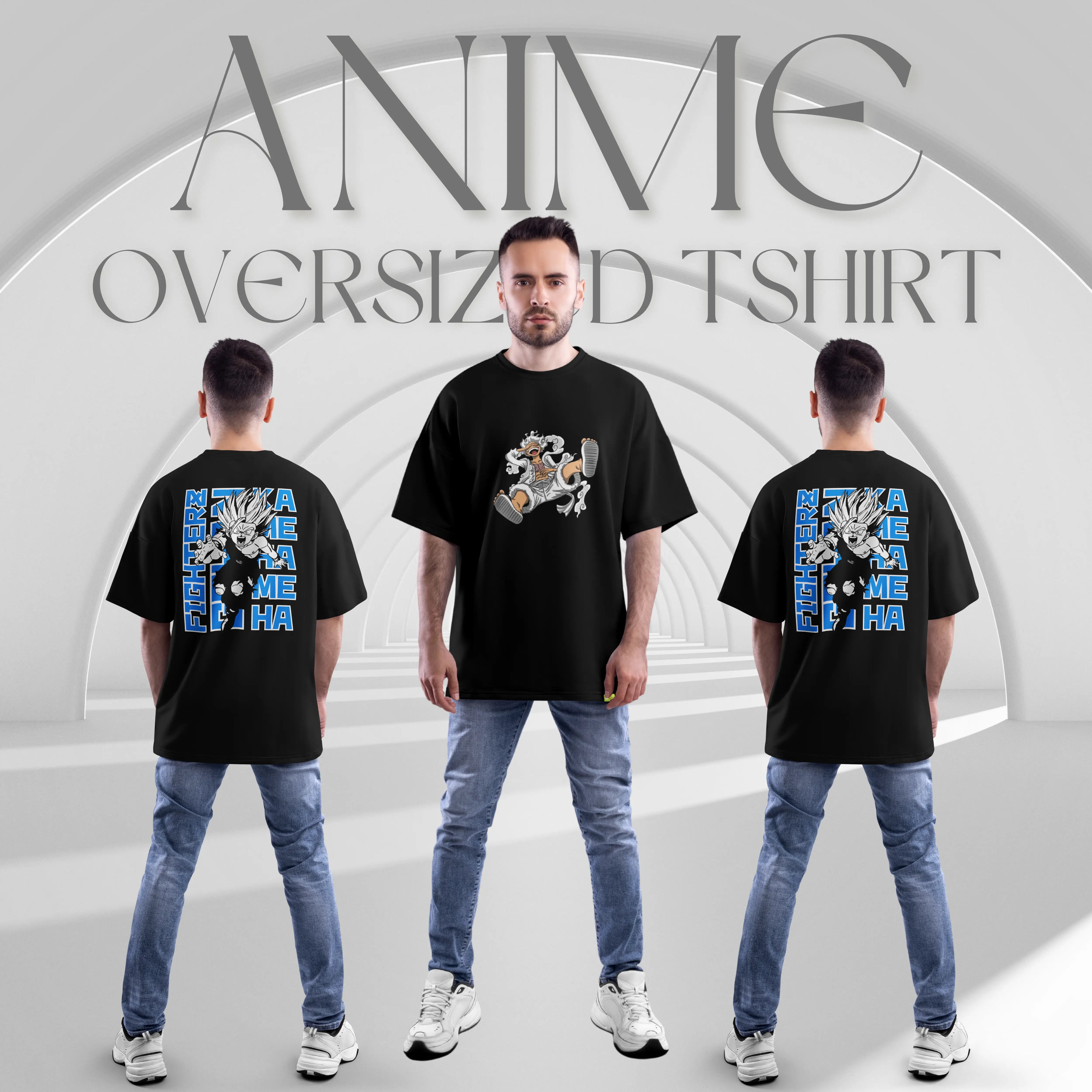 Man wearing an oversized black t-shirt with anime design, shown from front, back, and side views.
