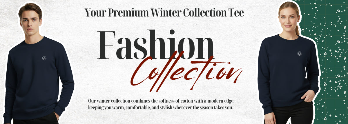 Promotional banner for a winter collection featuring two models wearing navy sweatshirts.
