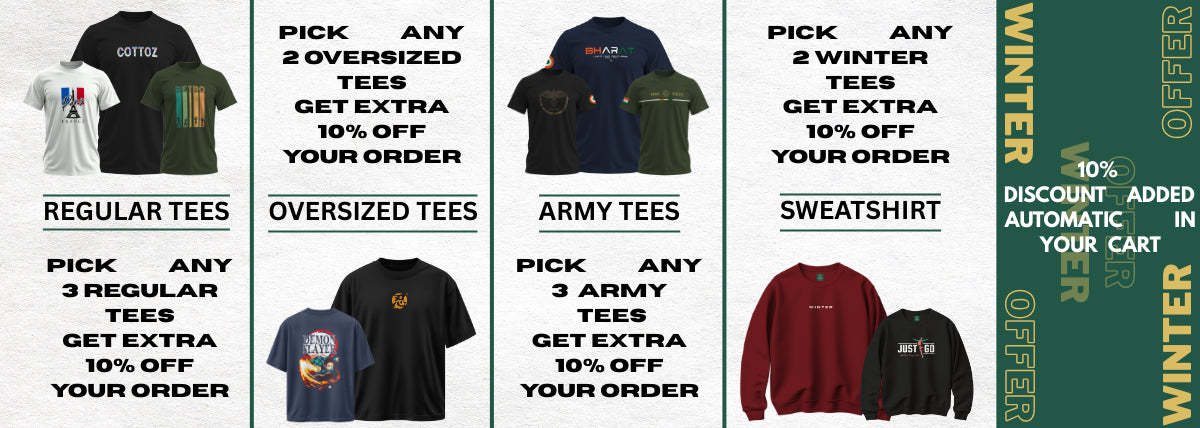 Promotional banner with clothing options and discount offers on a white background.