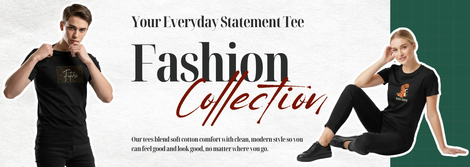 Two people wearing black t-shirts with a brand logo, text about a fashion collection, and a green background.