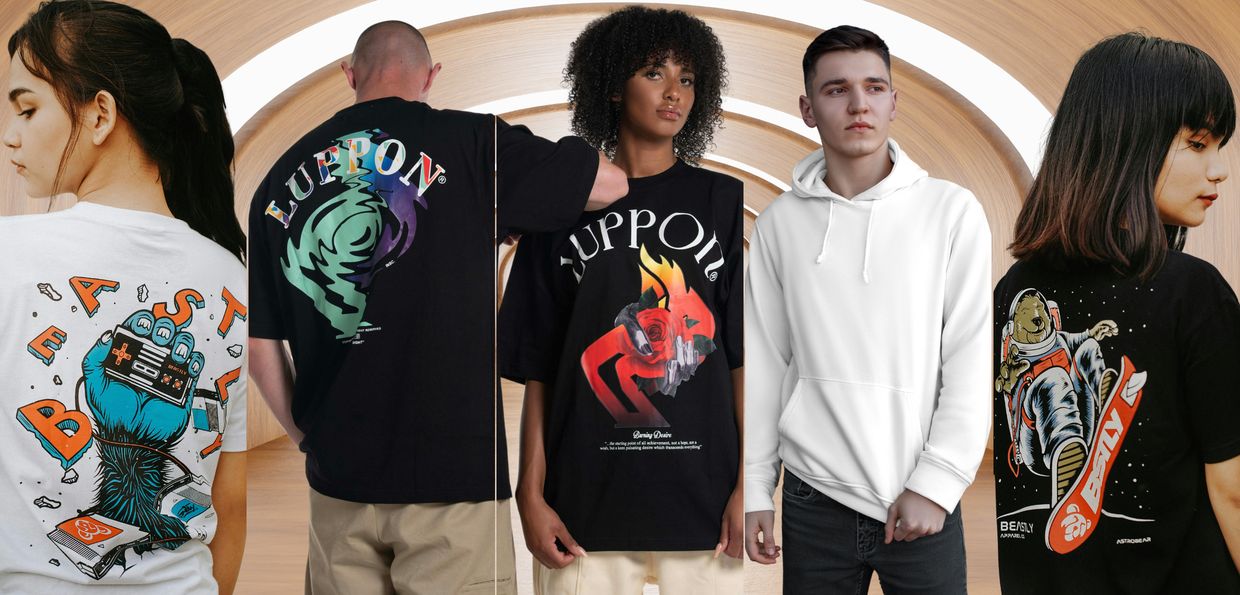 People wearing t-shirts with graphic designs and text, set against a wooden panel background.