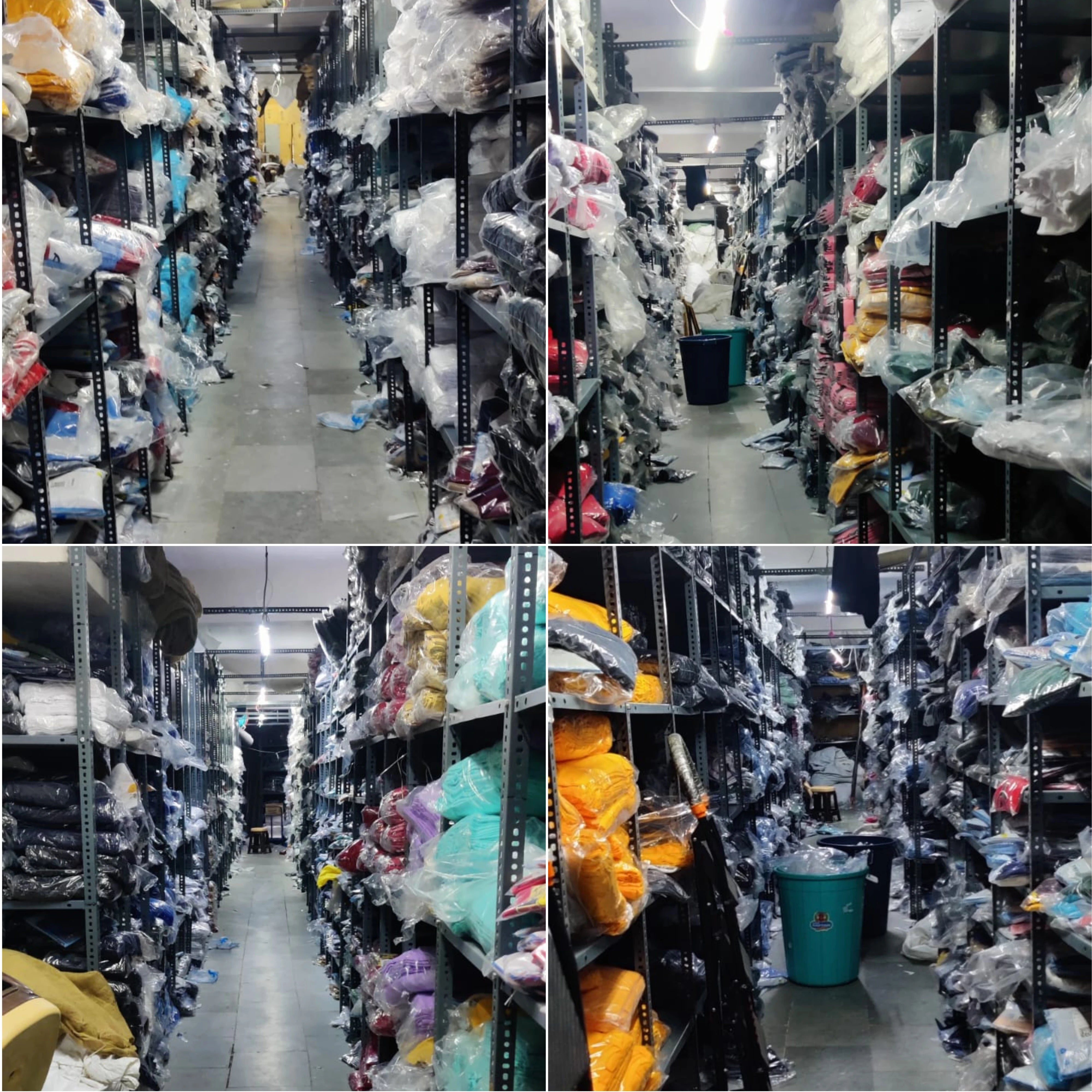 Storage warehouse with shelves stocked with various items, including plush toys and bags.