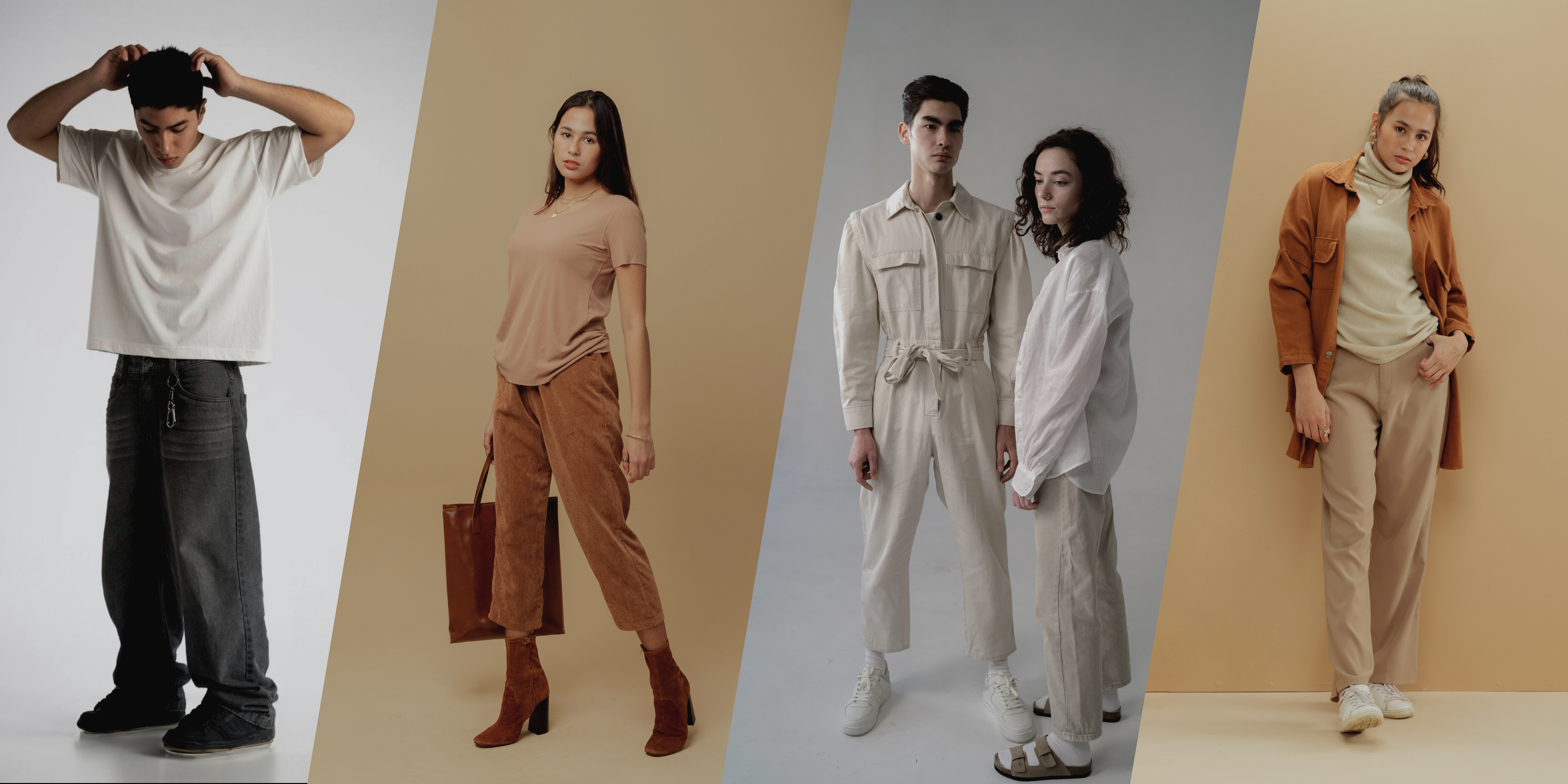 Five people wearing different outfits against plain backgrounds