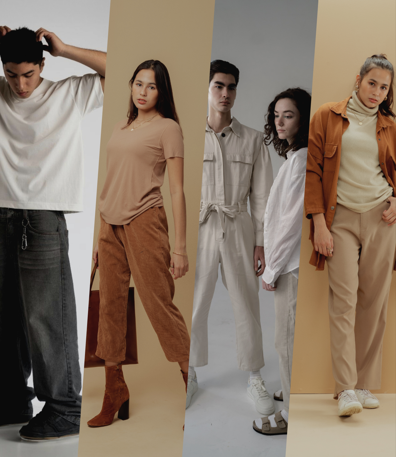 Collage of four individuals wearing neutral-colored outfits on a plain background