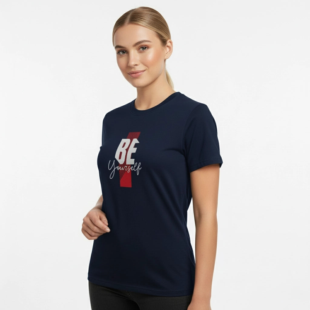 Woman wearing a navy blue t-shirt with 'BE Yourself' text on a white background