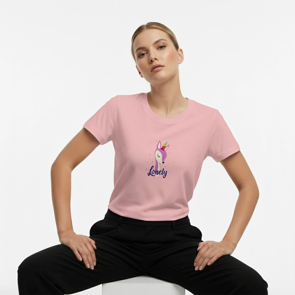 Person wearing a pink t-shirt with a unicorn design and 'Lonely' text on a white background