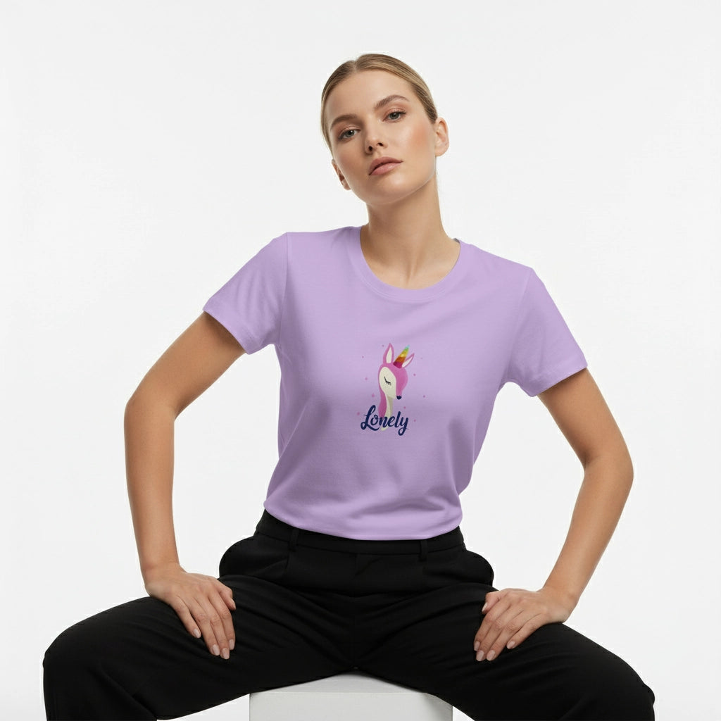 Woman wearing a purple t-shirt with a unicorn graphic and 'Lovely' text on a white background
