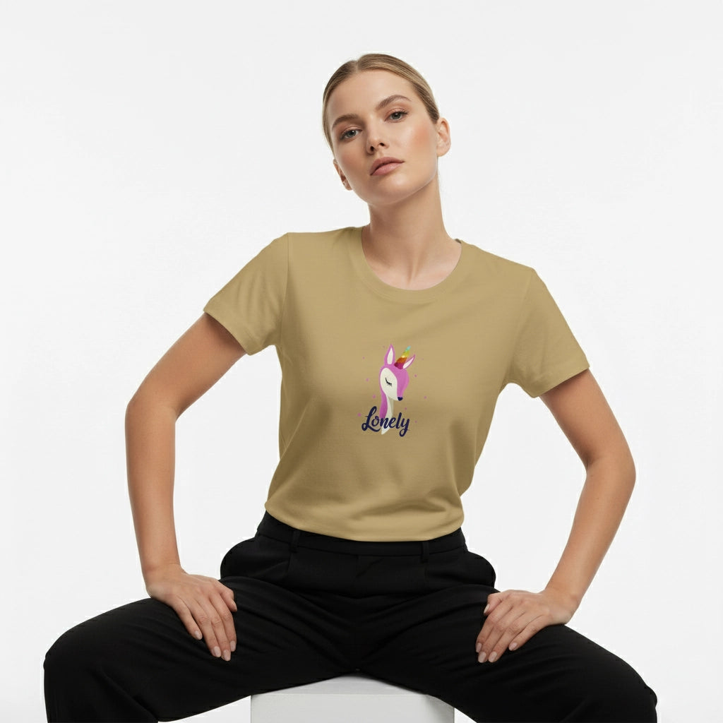 Woman wearing a beige t-shirt with a unicorn graphic and 'Lovely' text on a white background