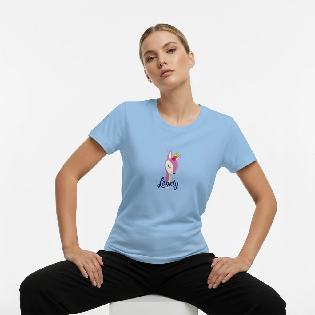 Woman wearing a light blue t-shirt with a unicorn graphic and 'Lovely' text on a white background