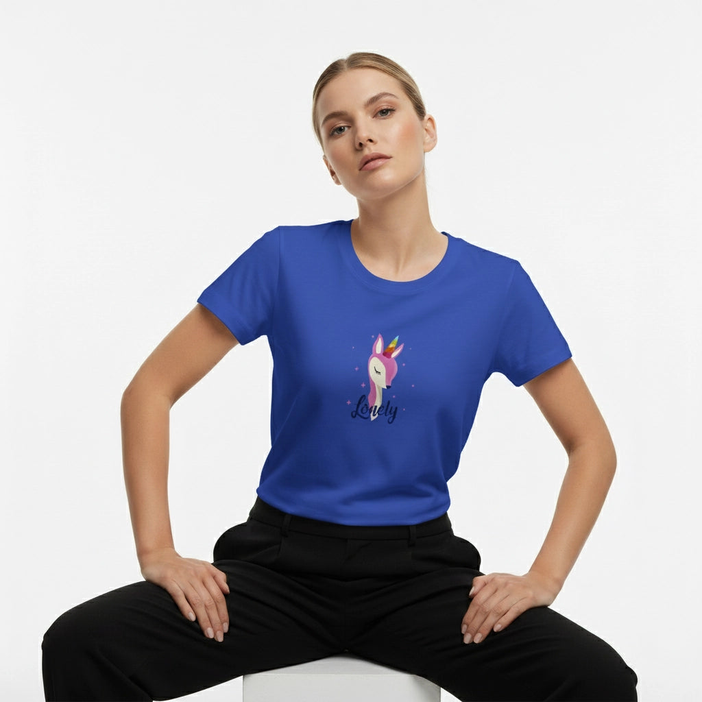 Person wearing a blue t-shirt with a unicorn design on a white background