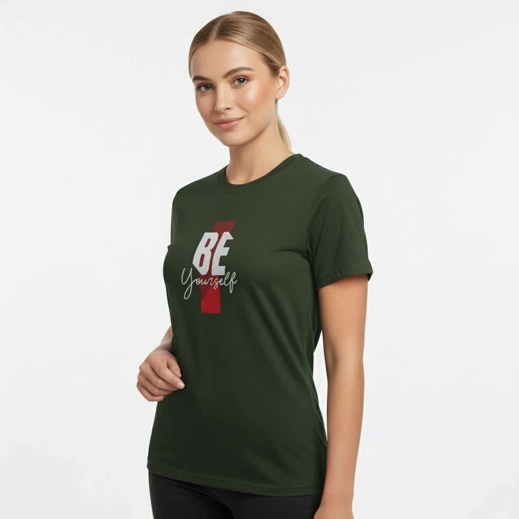 Woman wearing a green t-shirt with 'BE Yourself' text on a white background