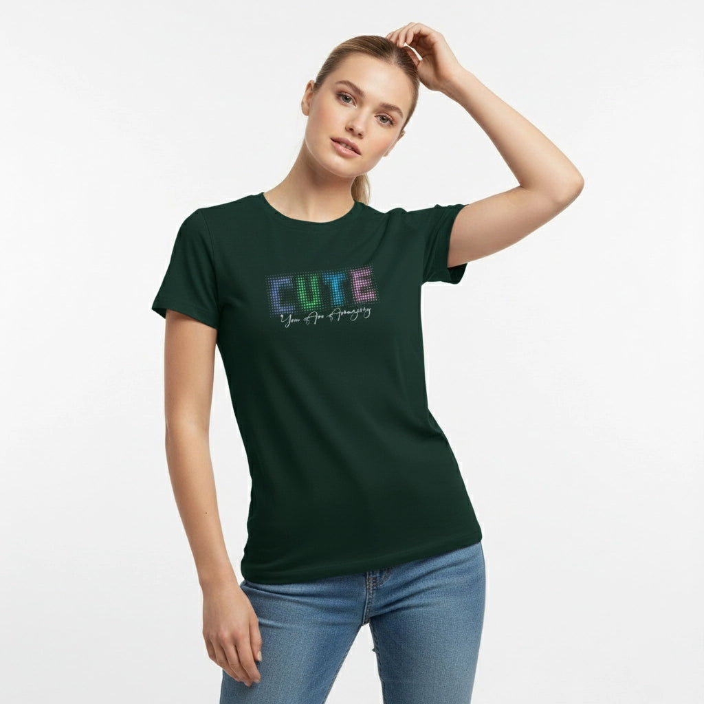 Woman wearing a dark green t-shirt with 'CUTE' printed on it against a white background