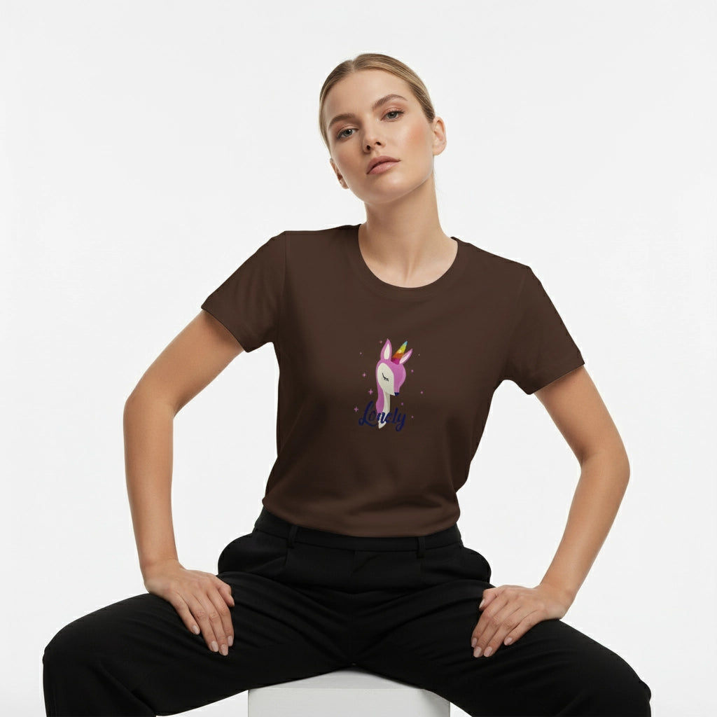 Woman wearing a brown t-shirt with a unicorn graphic on a white background