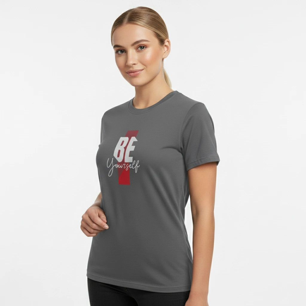 Woman wearing a gray t-shirt with 'BE Yourself' text on a white background