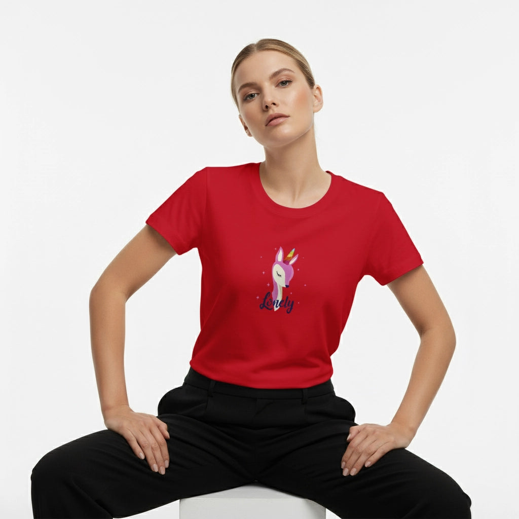 Person wearing a red t-shirt with a graphic design on a white background