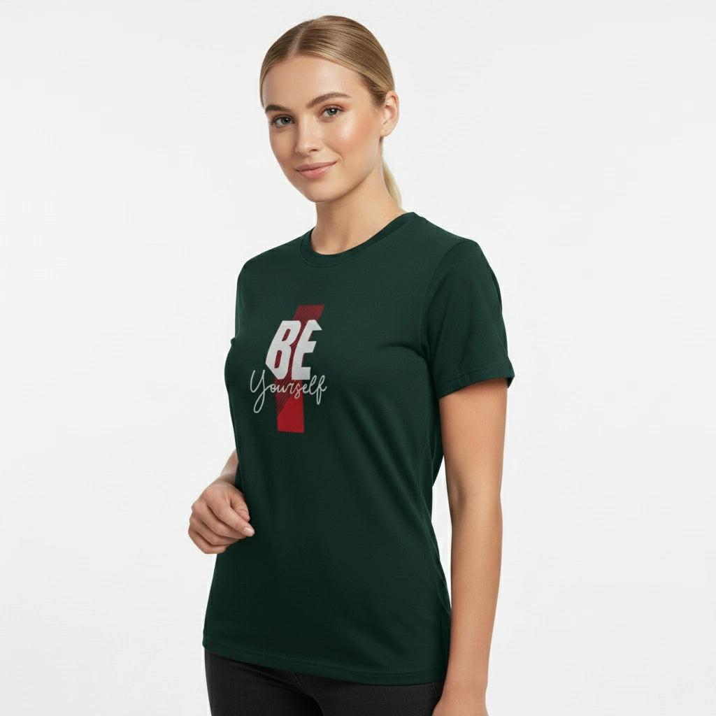 Woman wearing a green t-shirt with 'BE Yourself' text on a white background