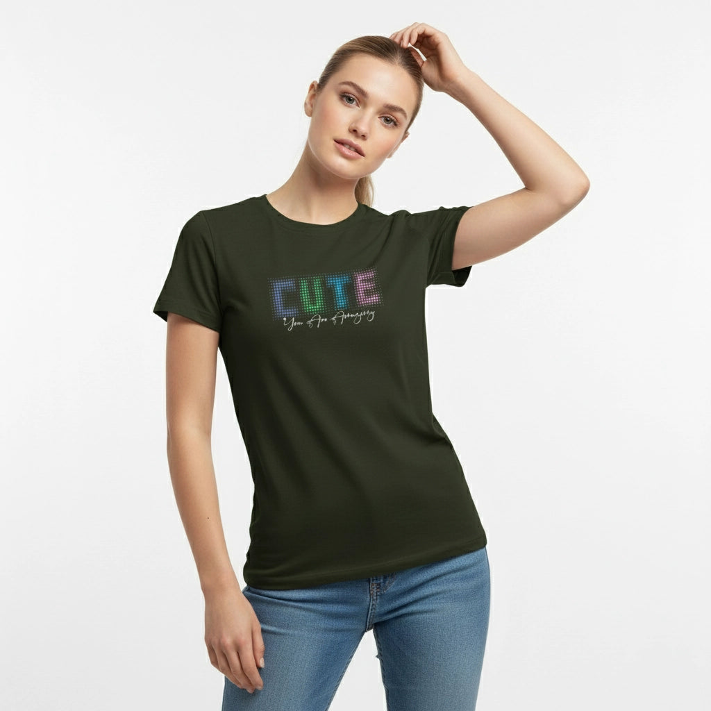 Woman wearing a black t-shirt with colorful text design on a white background