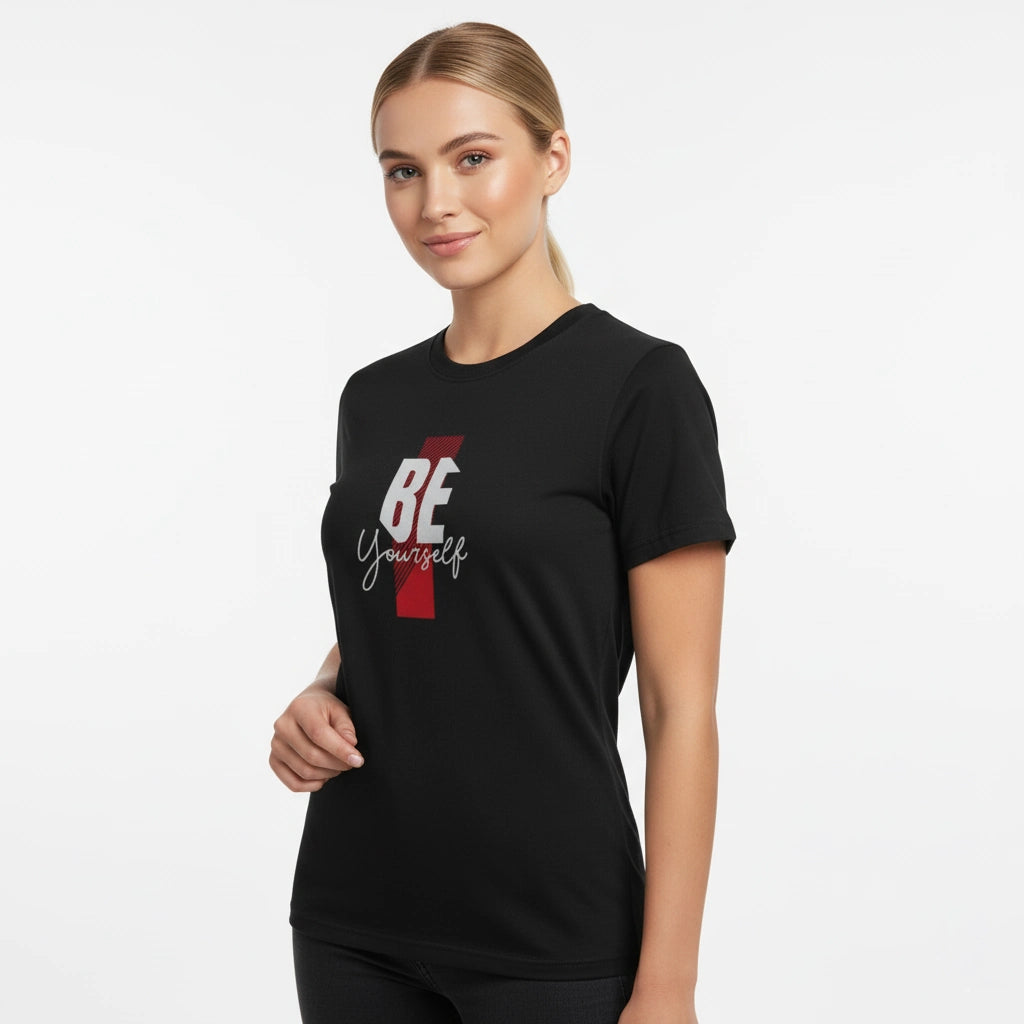 Woman wearing a black t-shirt with 'BE Yourself' text on a white background