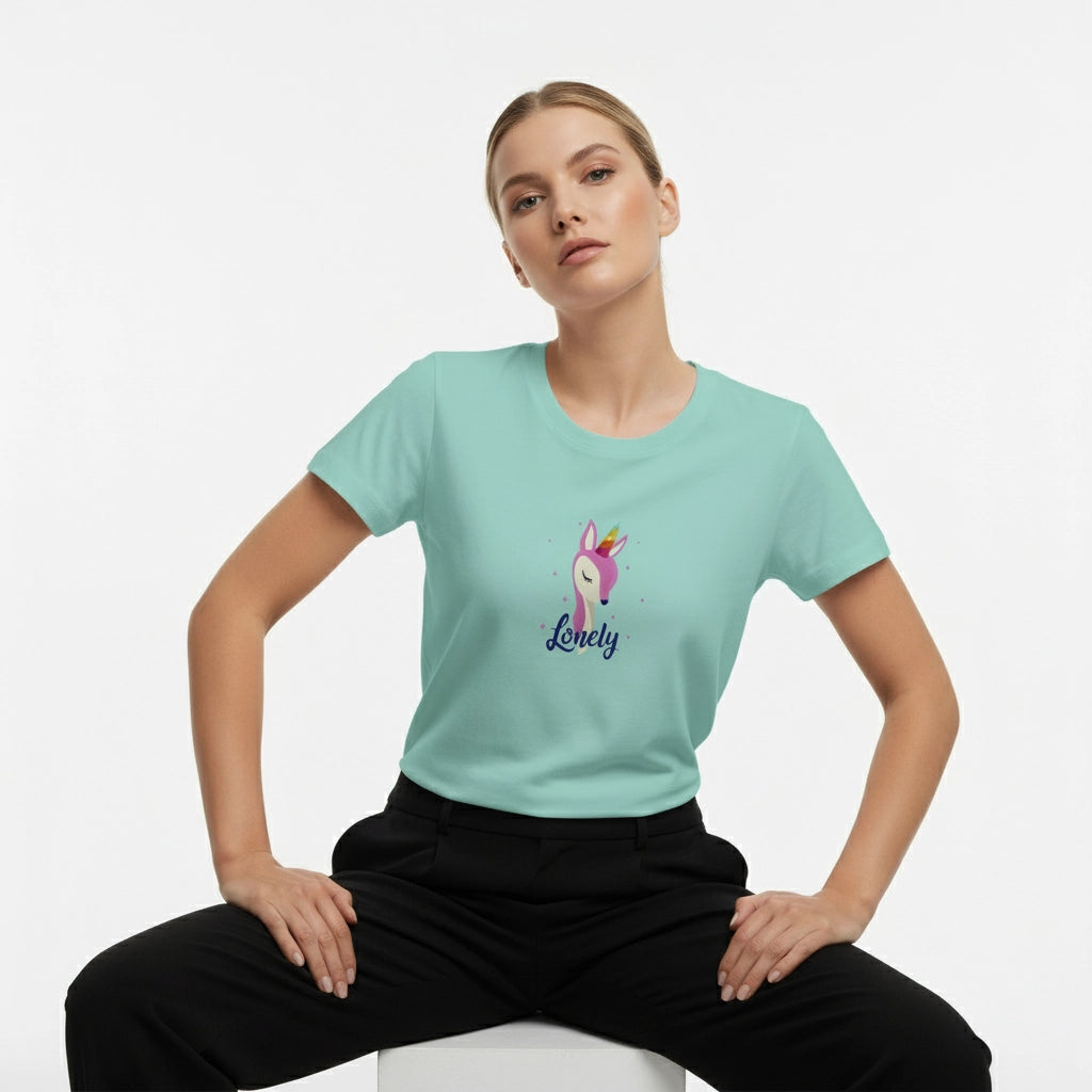 Person wearing a light blue t-shirt with a unicorn graphic and 'Lovely' text on a white background