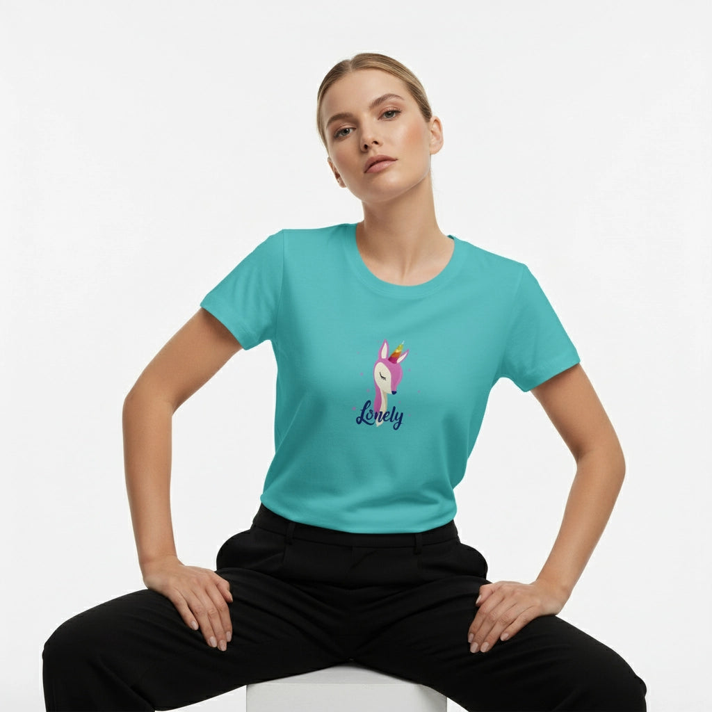 Woman wearing a turquoise t-shirt with a cartoon design and the word 'Lonely' on a white background