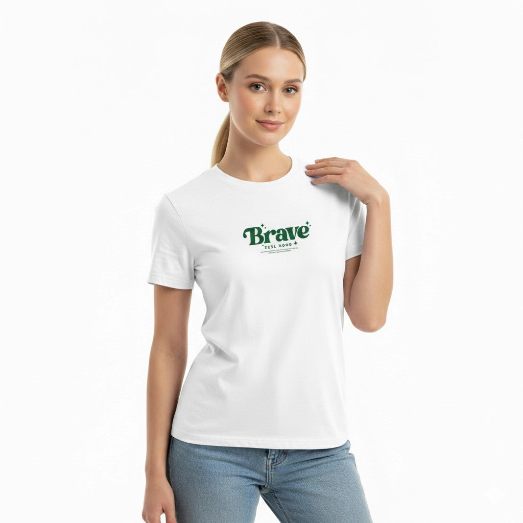Woman wearing a white t-shirt with 'Brave' logo on a white background