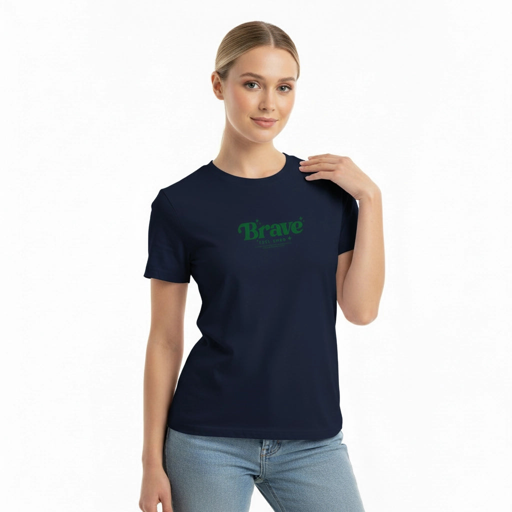 Woman wearing a navy blue t-shirt with 'Brave' printed on it against a white background
