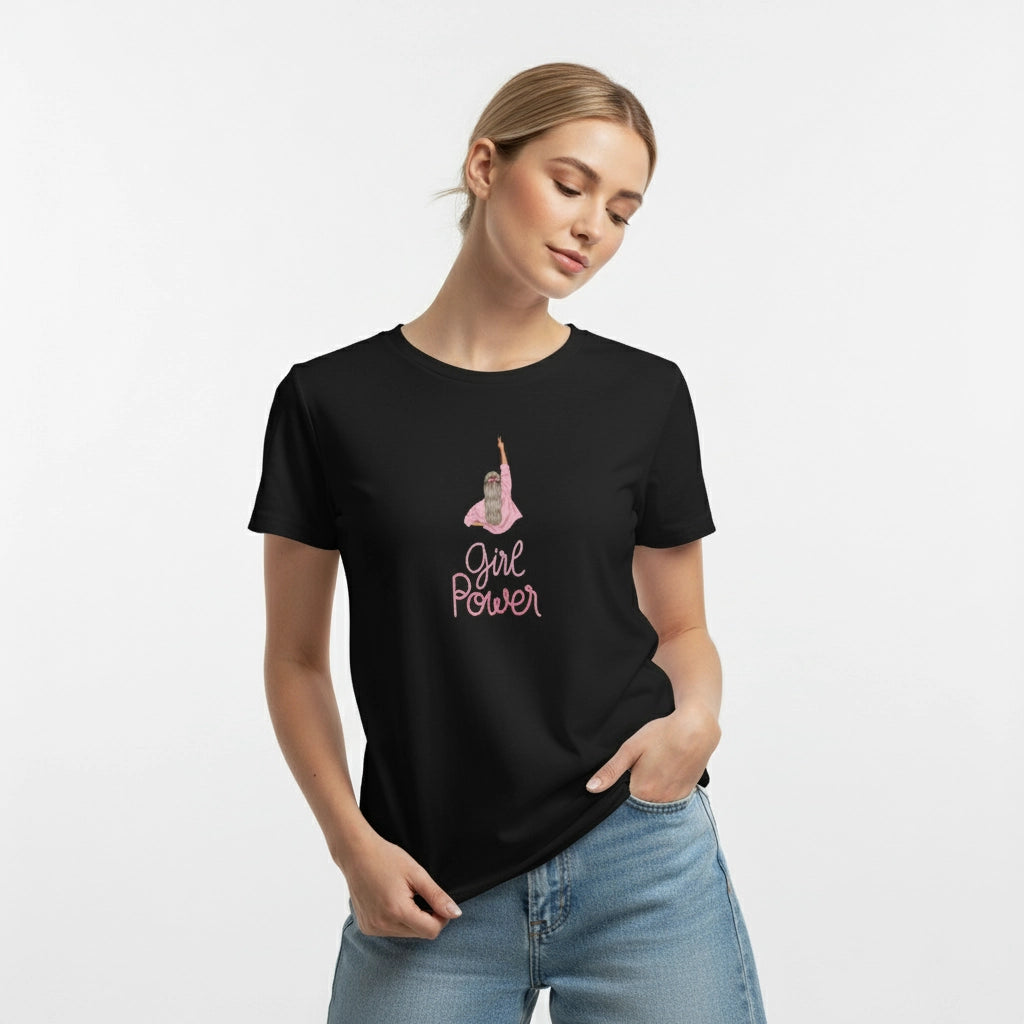 Woman wearing a black t-shirt with 'Girl Power' text and graphic on a white background