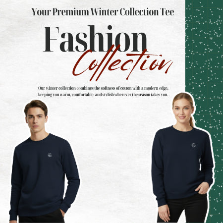 Two people wearing navy blue sweaters with a promotional text about a winter fashion collection on a white and green gradient background.