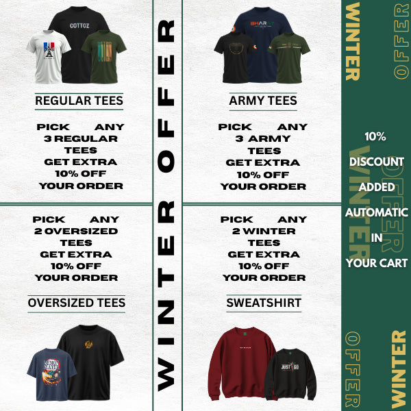 Promotional graphic for tees and sweatshirts with discount offers on a white background.