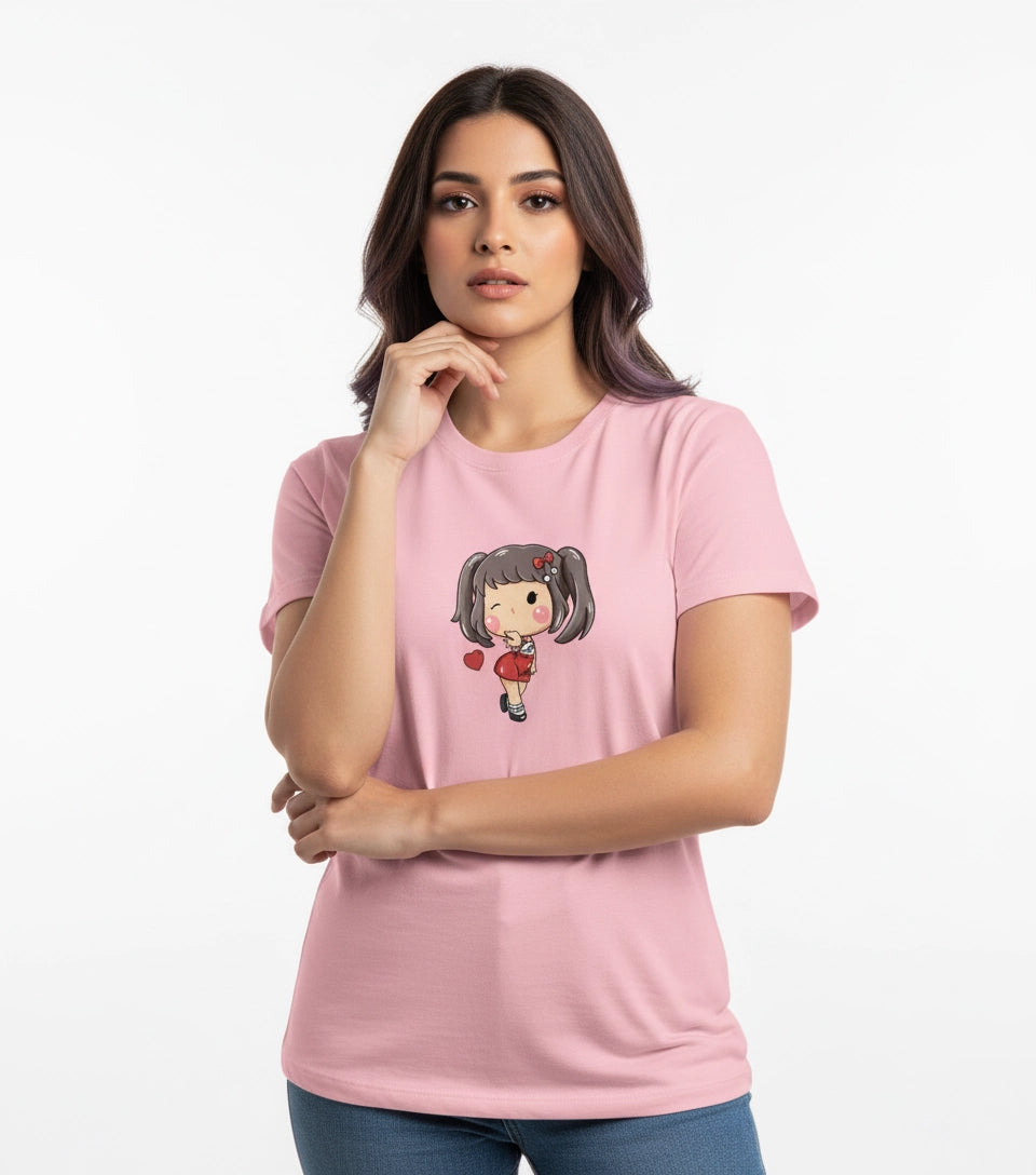 Woman wearing a pink t-shirt with a cartoon character on a white background