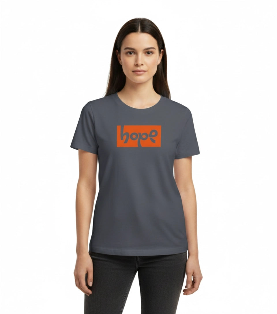 Woman wearing a gray t-shirt with an orange logo on a white background
