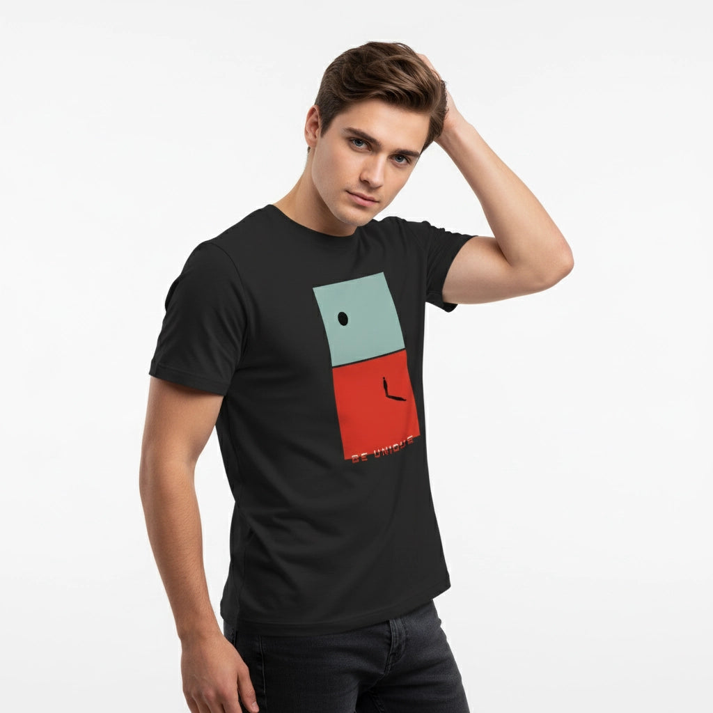 Man wearing a black t-shirt with a colorful geometric design on a white background