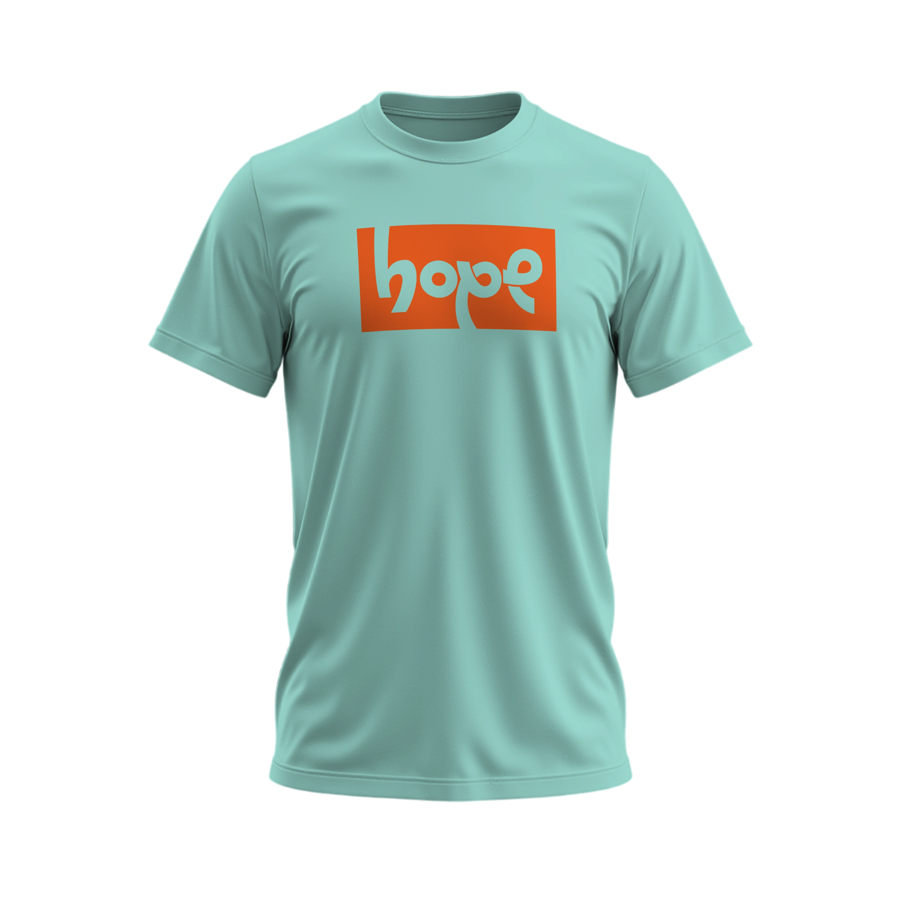 Light blue t-shirt with an orange 'hope' logo on a white background