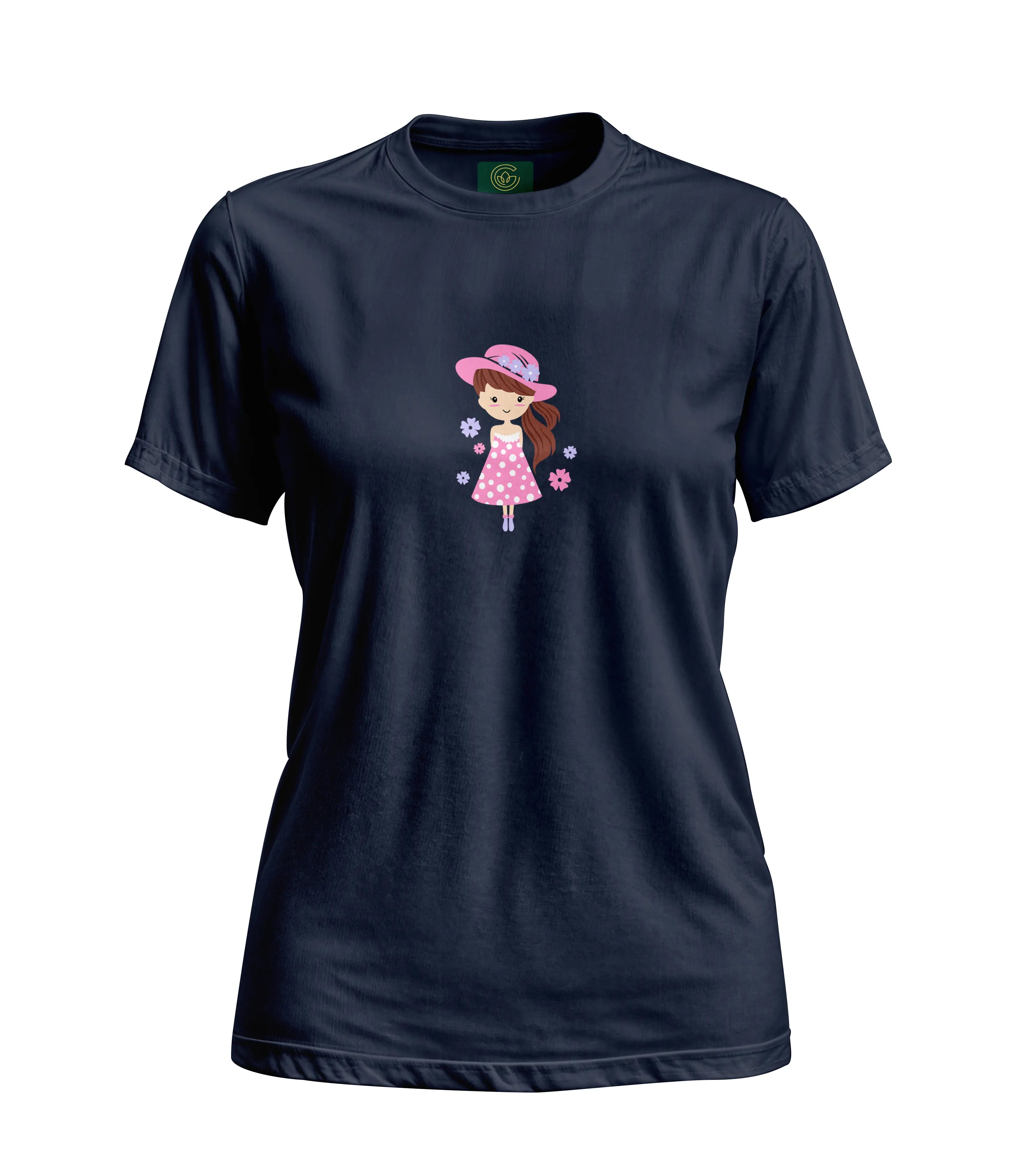 Navy blue t-shirt with a cartoon girl design on a white background