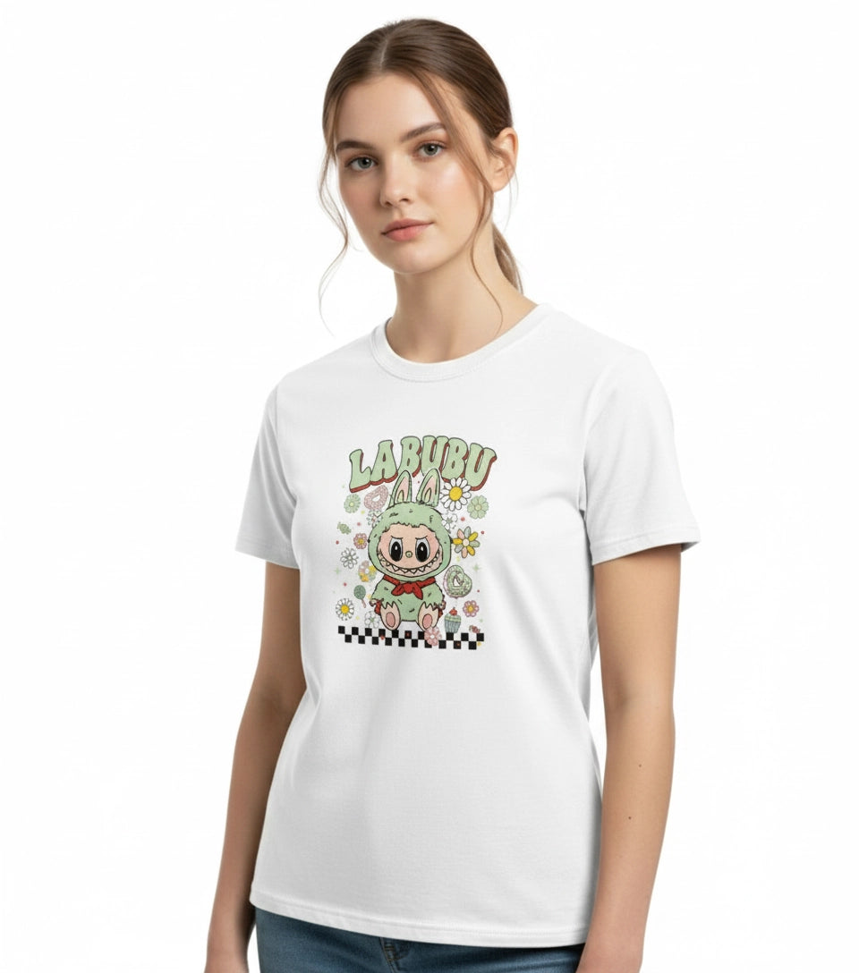 Woman wearing a white t-shirt with a cartoon character and text on a white background