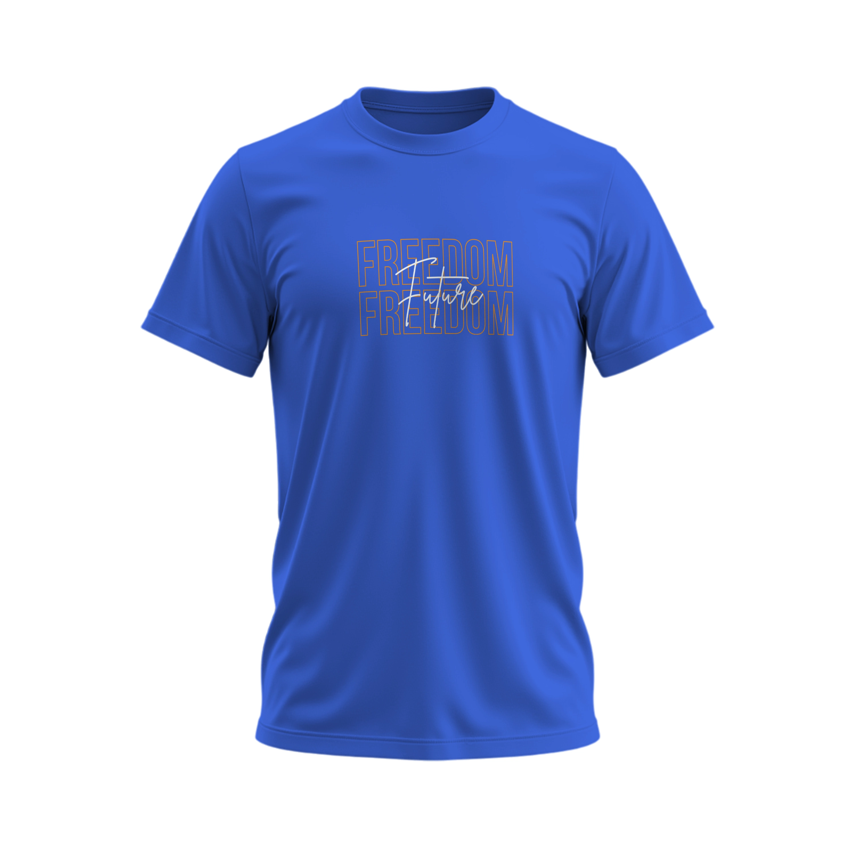 Blue t-shirt with 'Freedom' text on a white background