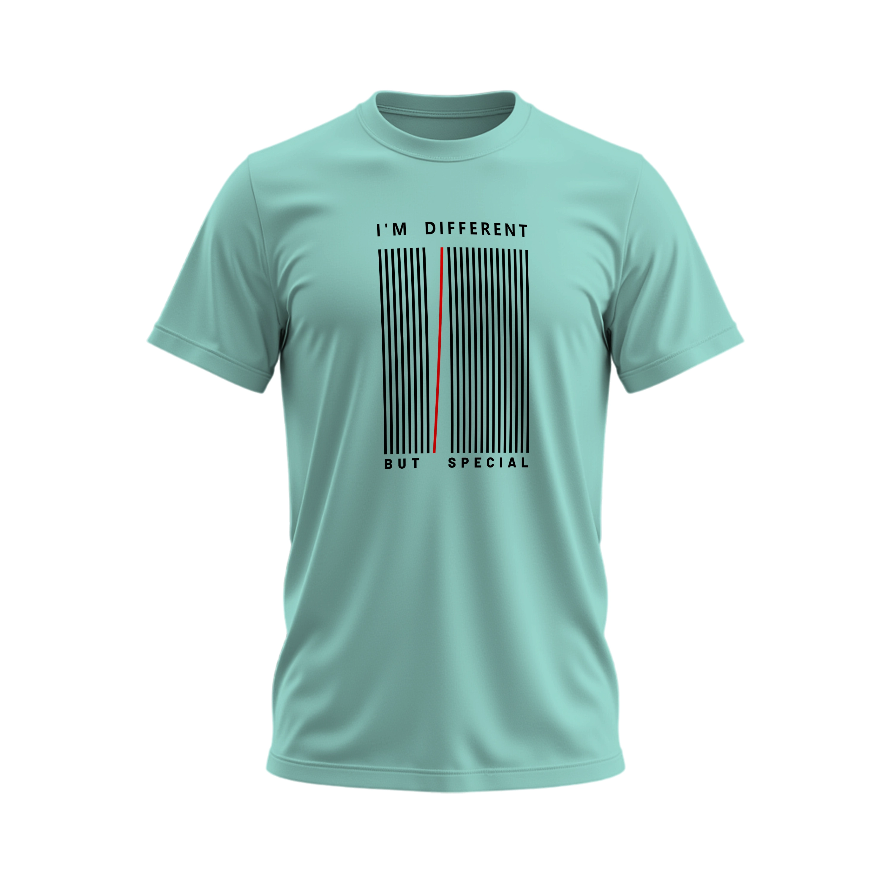 Light blue t-shirt with a barcode design and text on a white background