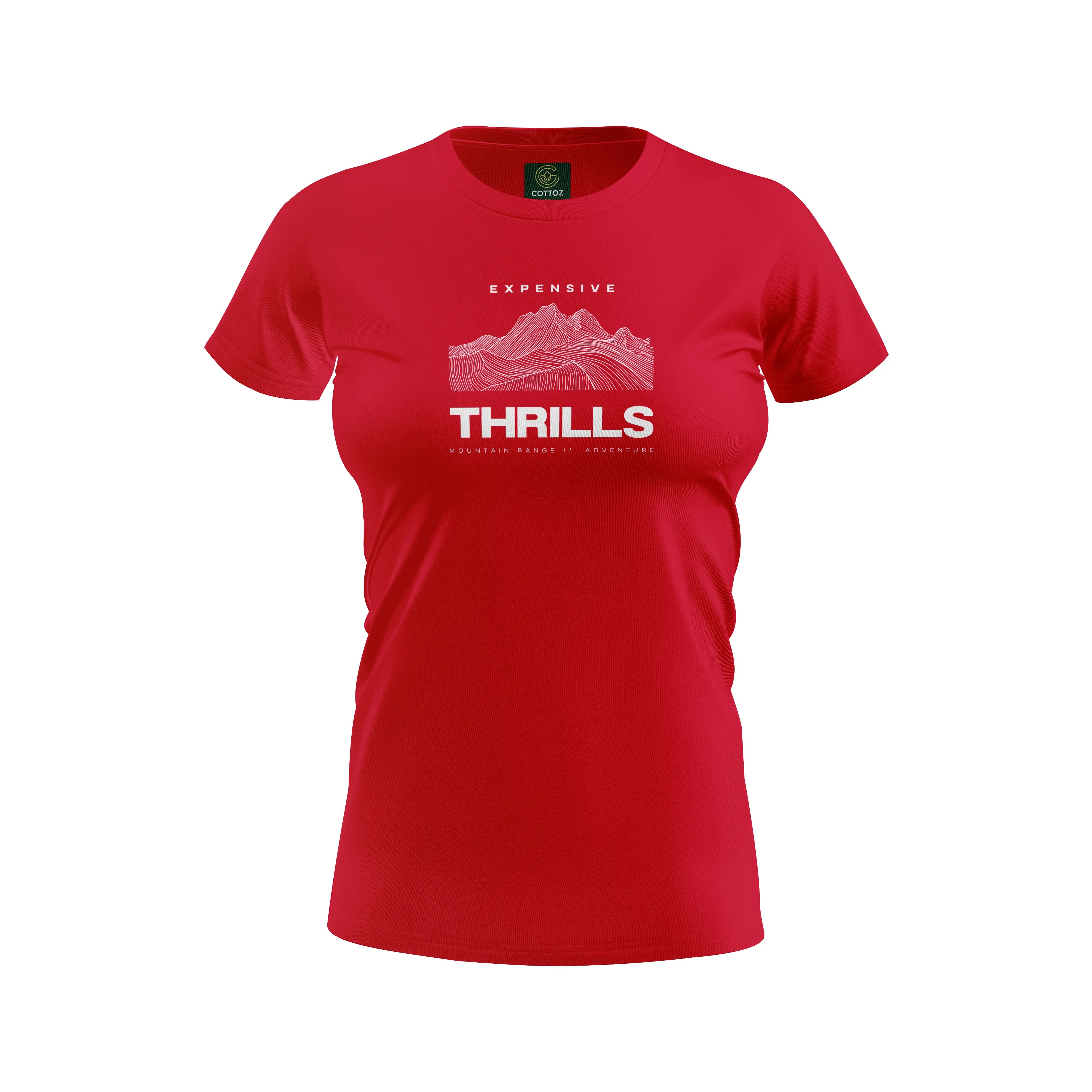 Red t-shirt with white graphic and text on a white background