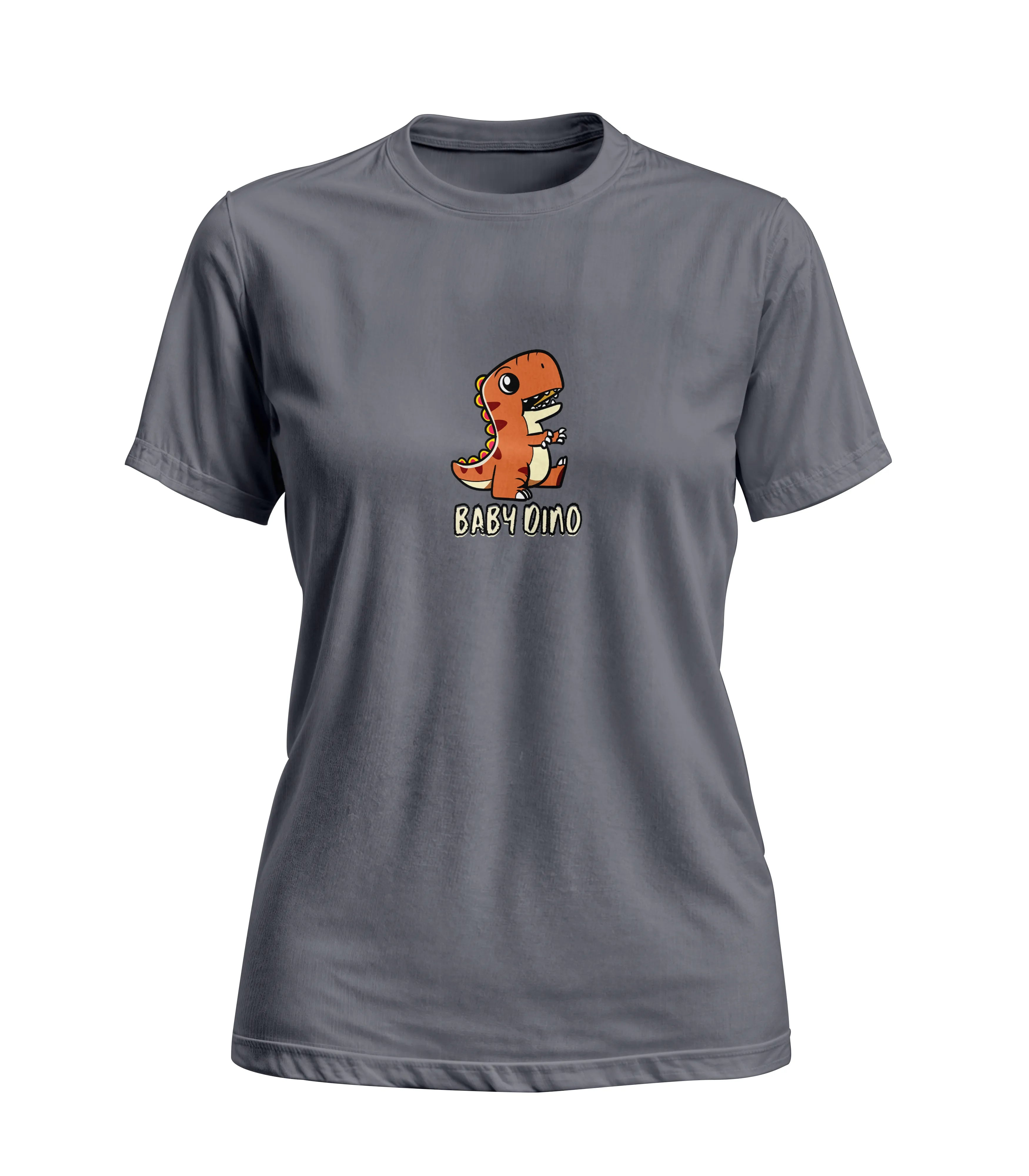 Gray t-shirt with a cartoon dinosaur design on a white background