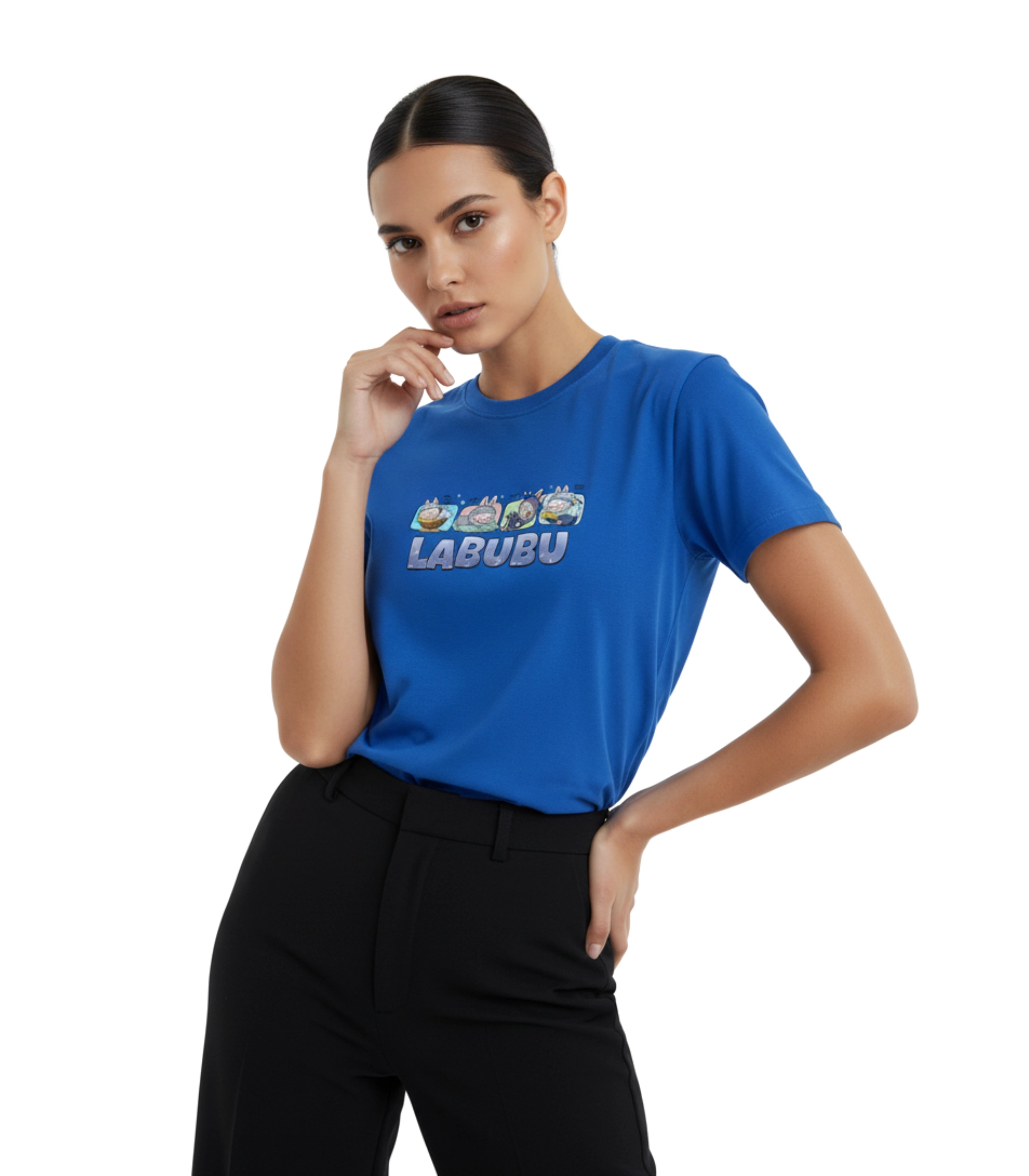 Woman wearing a blue t-shirt with 'LABUBU' logo on a white background